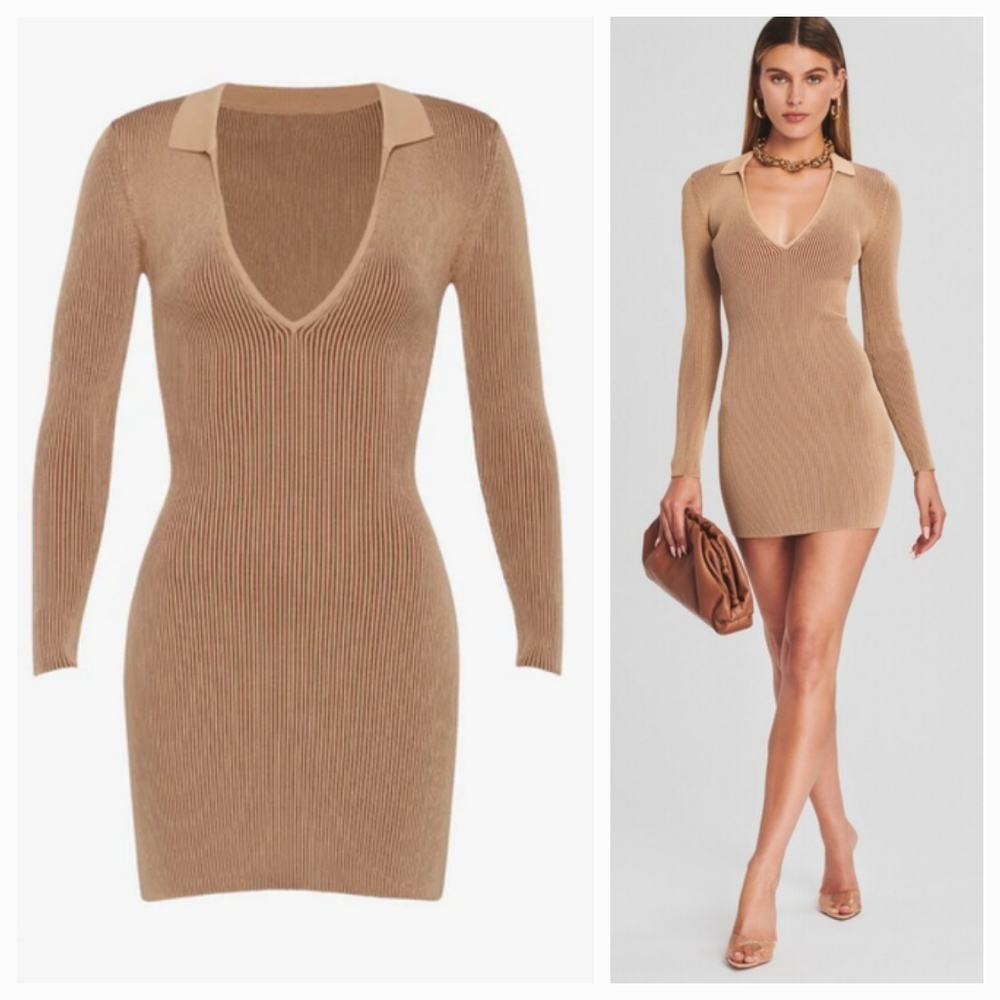 SER.O.YA Tan Ribbed Knit V-Neck Collared Long Sleeve Short Dress